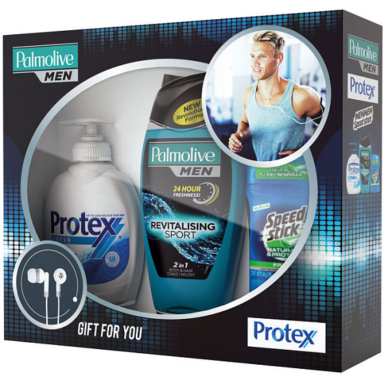 Palmolive Men Revitalizing sprchový gél 250 ml + Protex Fresh tekuté mydlo 200 ml + Mennen Speed Stick Naturals & Protect stick 50 g + slúchadlá, kozmetická sada