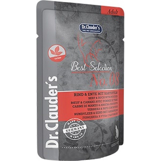 Dr. Clauders Best Selection No. 8 Hovädzie a kačacie mäso so zemiakmi kompletné krmivo s kúskami mäsa pre mačky kapsička 85 g