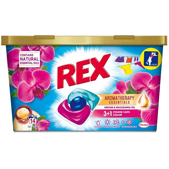 Rex 3 + 1 Power Caps Aromatherapy Orchid & Macadamia Oil kapsule na pranie na farebné a tmavé prádlo 14 dávok 182 g