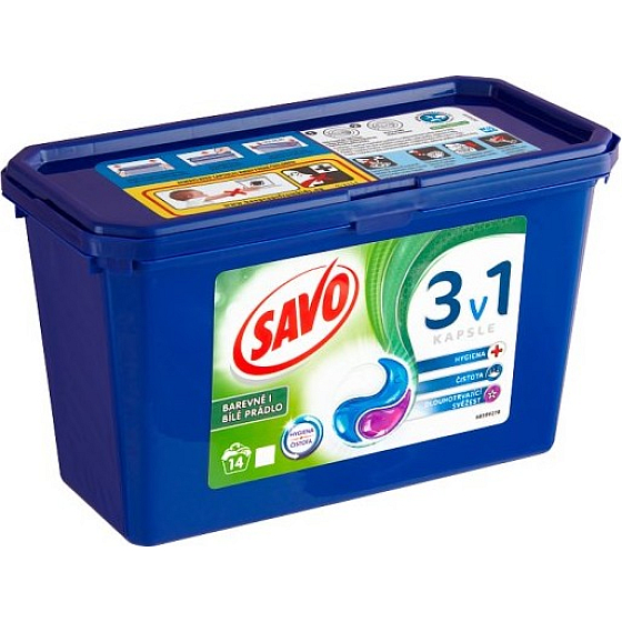 Savo Universal 3v1 gélové kapsuly na pranie bielej a farebnej bielizne 14 kusov 378 g