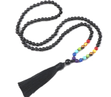 108 Mala 7 čakra náhrdelník Onyx mat meditačné šperky, prírodný kameň, viazaný strapec, korálik 6 mm