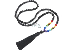 108 Mala 7 čakra náhrdelník Onyx mat meditačné šperky, prírodný kameň, viazaný strapec, korálik 6 mm