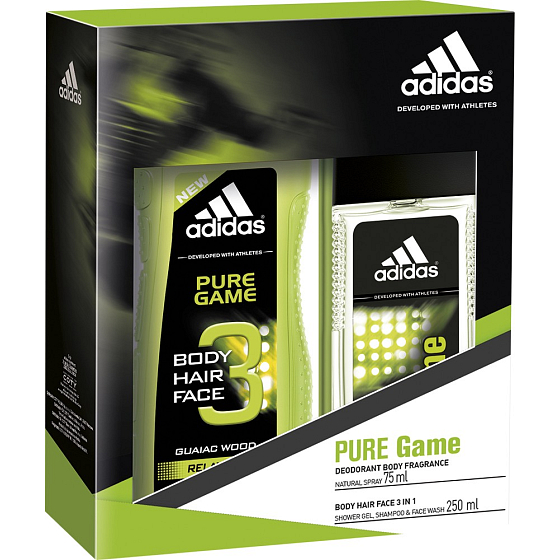 Adidas Pure Game parfumovaný deodorant sklo pre mužov 75 ml + sprchový gél 250 ml, kozmetická sada