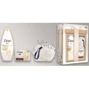 Dove Silk Glow vyživujúce sprchový gél 250 ml + Silk Cream Oil krémová tableta 100 g + špongia na umývanie, kozmetická sada
