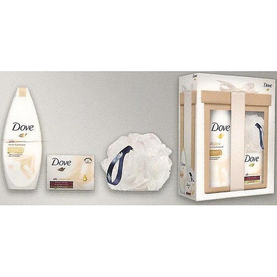 Dove Silk Glow vyživujúce sprchový gél 250 ml + Silk Cream Oil krémová tableta 100 g + špongia na umývanie, kozmetická sada