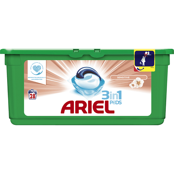 Ariel 3v1 Sensitive gélové kapsule na pranie bielizne 28 kusov 744,8 g