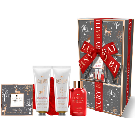 Grace Cole Toasted Praline & Sweet Vanilla sprchový gél 50 ml + perličky do kúpeľa 80 g + krém na ruky a nechty 50 ml + telový krém 50 ml + umývacia huba, kozmetická sada pre ženy