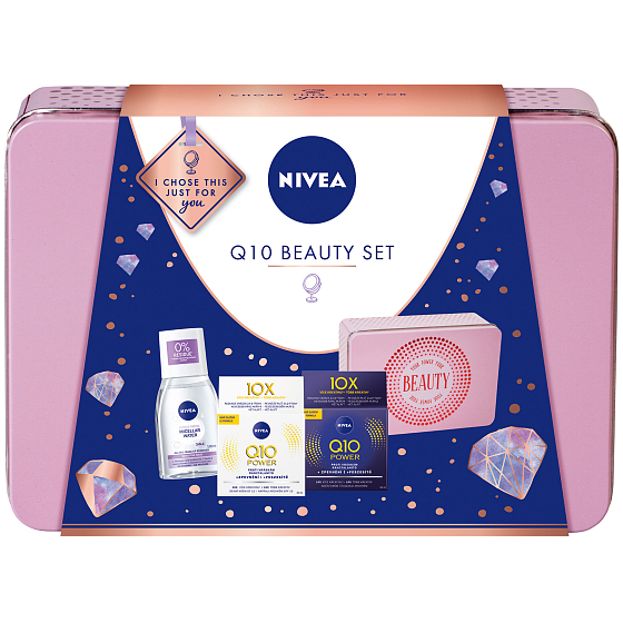 Nivea Q10 Beauty Q10 Power spevňujúci denný krém proti vráskam pre ženy 50 ml + Q10 Power spevňujúci nočný krém 50 ml + micelárna voda 100 ml + plechová krabička, kozmetická sada