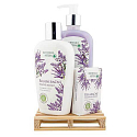 Bohemia Gifts Botanica Levanduľa tekuté mydlo 300 ml + telové mlieko 250 ml + tuhé mydlo 100 g, drevená paleta kozmetická sada