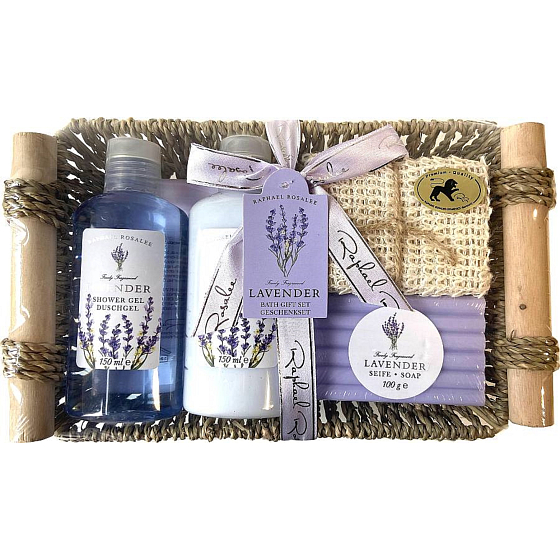 Raphael Rosalee Levanduľový sprchový gél 150 ml + telové mlieko 150 ml + toaletné mydlo 100 g + masážna žinka + žinka na umývanie, kozmetická súprava