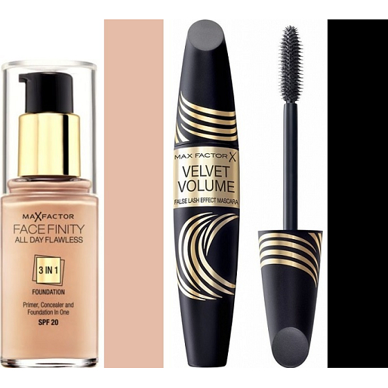 Max Factor Facefinity All Day Flawless 3v1 make-up 55 Beige 30 ml + Velvet Volume False Lash Effect riasenka Black 13,1 ml