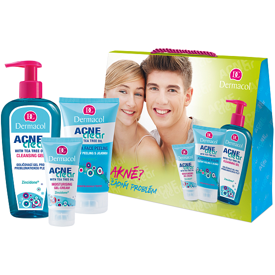 Dermacol Acneclear Moisturising Gel-Cream hydratačný gélový krém 50 ml + Acneclear Jojoba Face Peeling pleťový peeling s jojobou 150 ml + Acneclear Cleansing Gel odličovací gél 200 ml, kozmetická sada
