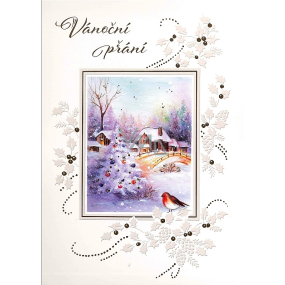 Albi Hravá vianočná obálková karta Krajina so stromom a vtákom 14,8 x 21 cm
