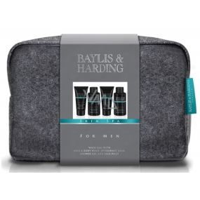 Baylis & Harding Men Jantar a Santalové drevo tekuté mydlo na telo aj vlasy 100 ml + umývací gél na tvár 100 ml + balzam po holení 50 ml + sprchový gél 50 ml + väčší šedá toaletná taška kozmetická sada pre mužov