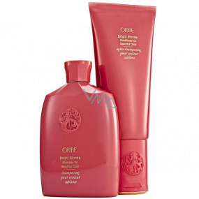Oribe Bright Blonde šetrný šampón pre žiarivú farbu blond vlasov 250 ml + výživný kondicionér pre žiarivú farbu blond vlasov 200 ml + papierová taška, kozmetická sada