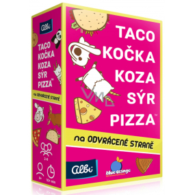 Albi Taco, mačka, koza, syr, pizza na zadnej strane kartovej hry odporúčaný vek 8+