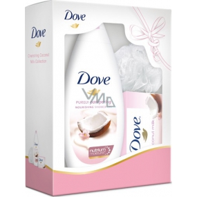 Dove Kokosové mlieko a kvety jazmínu sprchový gél 250 ml + toaletné mydlo 100 g + žinka, kozmetická sada