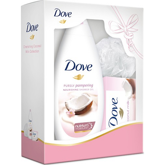 Dove Kokosové mlieko a kvety jazmínu sprchový gél 250 ml + toaletné mydlo 100 g + žinka, kozmetická sada