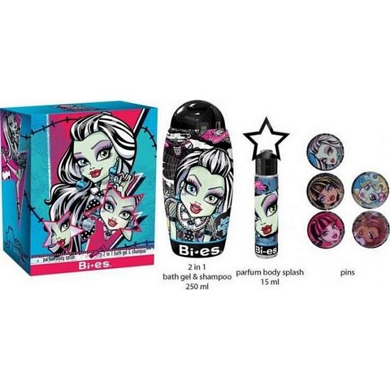 Mattel Monster High Frankie Stein toaletná voda 15 ml + 2v1 šampón a pena do kúpeľa 250 ml + odznaky, kozmetická sada