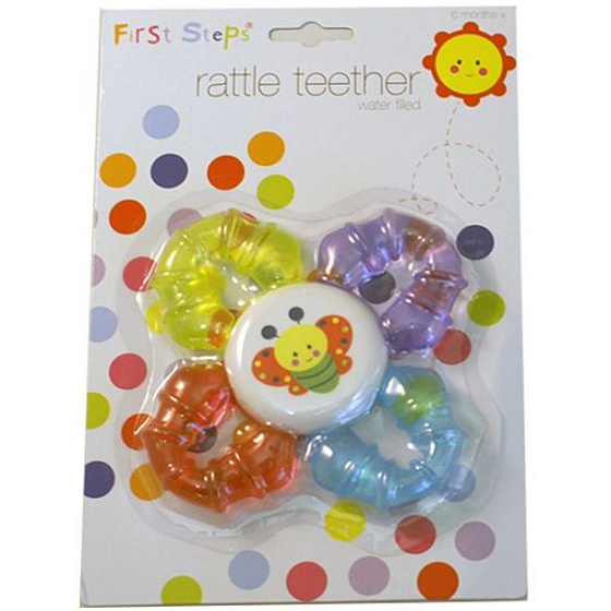 First Steps Rattle Teether hryzátko s hrkálkou Kvet rôzne farby 1 kus