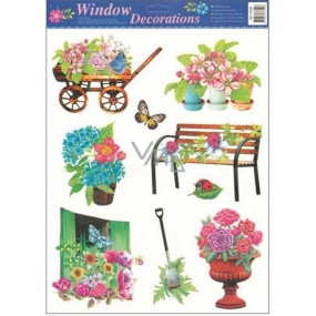 Okenné fólie bez lepidla záhrada vozíček s kvetmi 42 x 30 cm