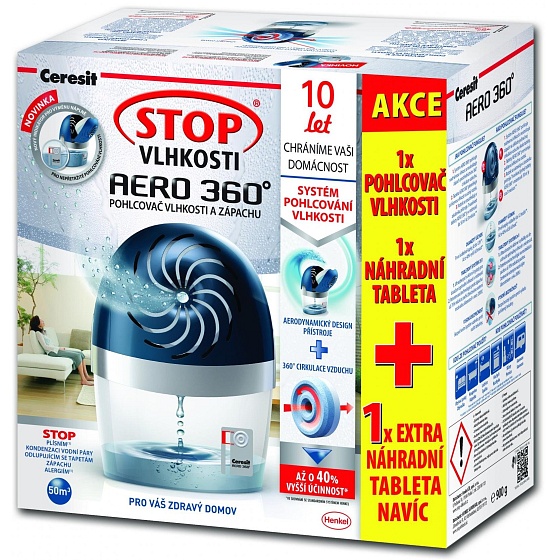 Ceresit Stop vlhkosti Aero 360 pohlcovač vlhkosti komplet modrý + náhradné tablety 2 x 450 g