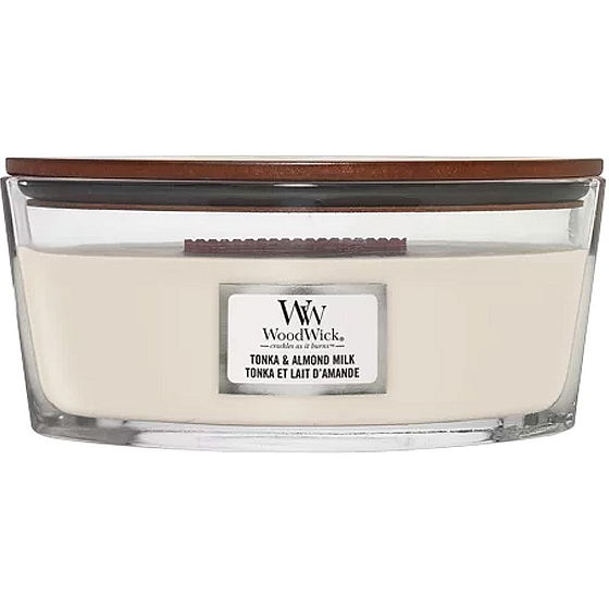 WoodWick Tonka & Almond Milk - sviečka s vôňou tonky a mandľového mlieka s dreveným knôtom a skleneným viečkom 453 g