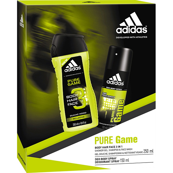 Adidas Pure Game dezodorant sprej pre mužov 150 ml + 3v1 sprchový gél na telo, tvár a vlasy 250 ml, kozmetická sada