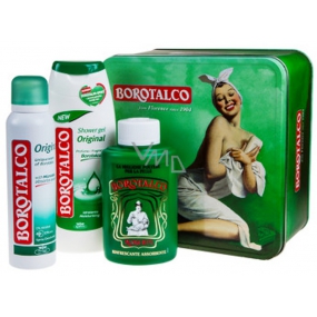 Borotalco Original deodorant sprej 150 ml + sprchový gél 250 ml + talcum telový púder s prírodným mastencom 100 g, umisex kozmetická sada v plechovej dóze