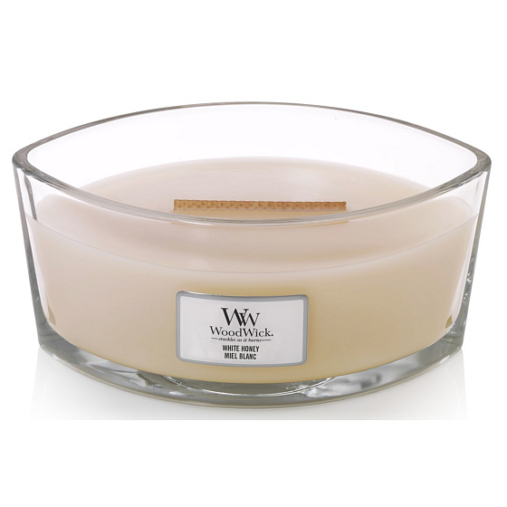 WoodWick White Honey - Biely med vonná sviečka s dreveným širokým knôtom a viečkom loď 453 g