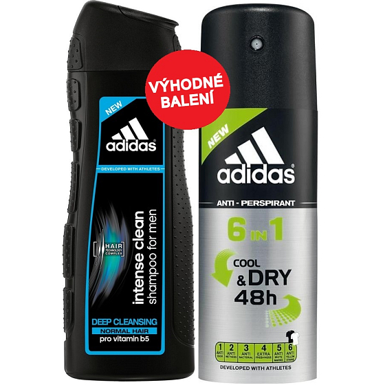 Adidas Cool & Dry 48h 6v1 antiperspirant deodorant sprej pre mužov 150 ml + Adidas Intense Clean šampón pre normálne vlasy pre mužov 200 ml, kozmetická sada
