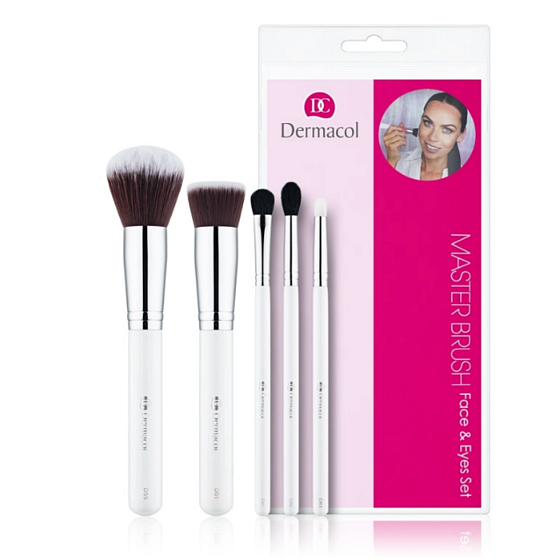 Dermacol Štetec na tekutý make-up + Štetec na púder + Štetec na očné tiene + Štetec na očné tiene a detaily + Štetec na zmiešavanie, sada kozmetických štetcov s prírodnými štetinami