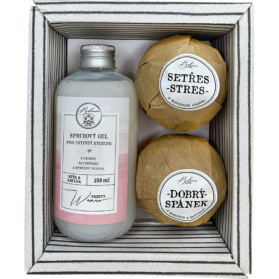 Bohemia Gifts Pretty Woman sprchový gél na intímnu hygienu 250 ml + šumivá guľa do kúpeľa 2 x 100 g, kozmetická sada pre ženy