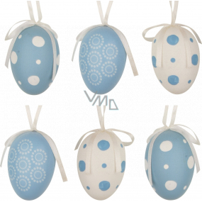 Plastové vajíčka na zavesenie modré a biele s bodkami 6 cm 6 kusov vo vrecku