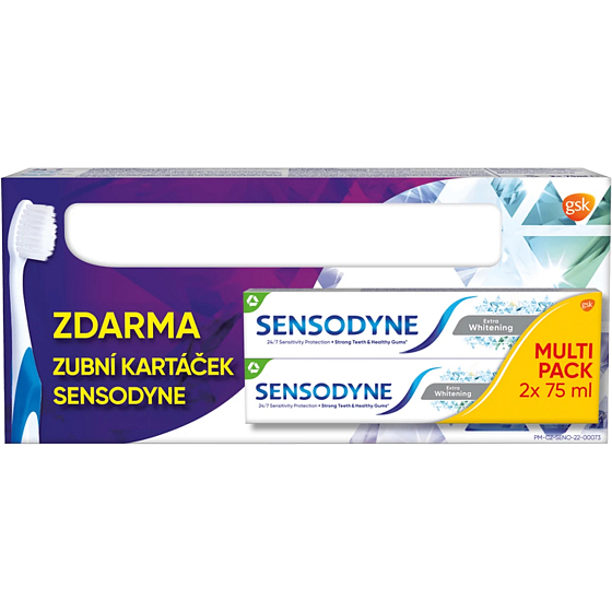 Sensodyne Extra Whitening fluoridová zubná pasta 2 x 75 ml + zubná kefka, sada
