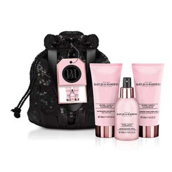 Baylis & Harding Jojoba, Vanilka a Mandľový olej telový sprej 100 ml + sprchový gél 100 ml + telové mlieko 100 ml + večerná kabelka, kozmetická sada
