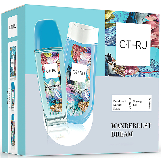 C-Thru Wanderlust parfumovaný dezodorant sklo pre ženy 75 ml + sprchový gél 250 ml, darčeková sada
