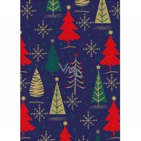 Ditipo Darčekový baliaci papier 70 x 200 cm Vianočné modrý zlatej, zelenej a červenej stromčeky