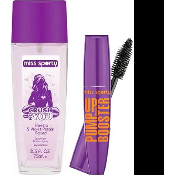 Miss Sporty Love 2 Love Crush On You parfumovaný dezodorant sklo pre ženy 75 ml + Pump Up Booster riasenka Extra Black 12 ml, kozmetická sada