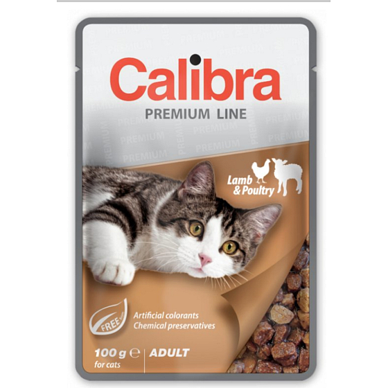 Calibra Premium Jahňacie a hydinové v omáčke kompletné krmivo pre dospelé mačky kapsička 100 g