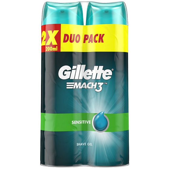 Gillette Mach3 Sensitive gél na holenie pre citlivú pokožku 2 x 200 ml, duopack, pre mužov