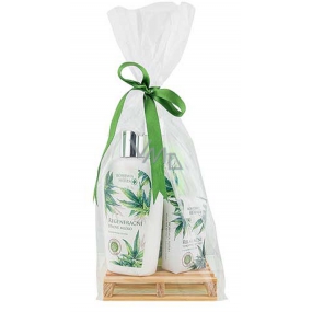 Bohemia Gifts Cannabis Konopný olej tekuté mydlo 300 ml + telové mlieko 250 ml + tuhé mydlo 100 g, drevená paleta kozmetická sada