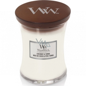 Woodwick Coconut & Tonka - Kokos a tonka boby vonná sviečka s dreveným knôtom a viečkom sklo stredná 275 g