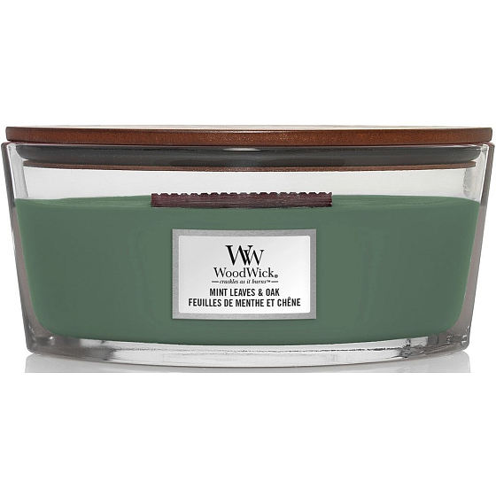 WoodWick Mint Leaves & Oak vonná sviečka s dreveným knôtom a skleneným viečkom 453 g