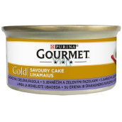 Gourmet Gold Savoury Cake hrubá paštéta s jahňacím mäsom a zelenými fazuľkami v konzerve pre dospelé mačky 85 g