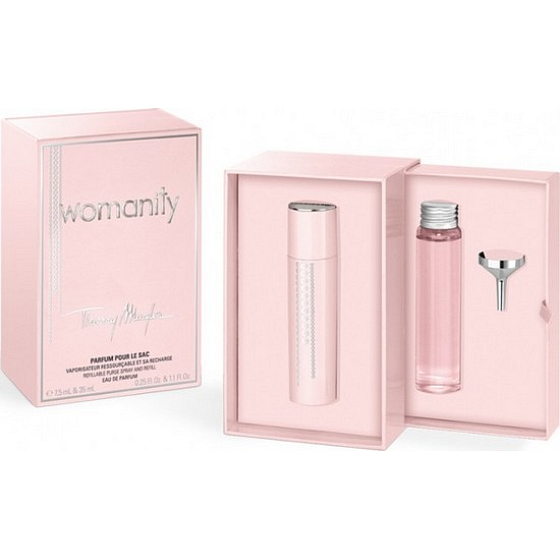 Thierry Mugler Womanity parfumovaná voda plniteľný flakón 7,5 ml + toaletná voda náhradná náplň 35 ml, darčeková sada