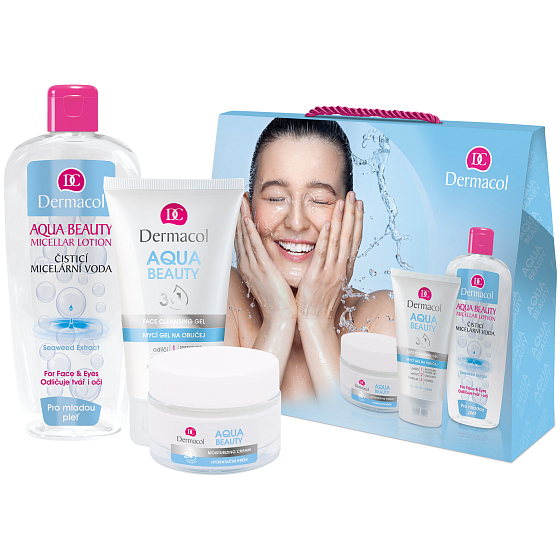 Dermacol Aqua Beauty Moisturizing Cream hydratačný krém 50 ml + Aqua Beauty 3in1 Face Cleaning Gel umývací gél 150 ml + Aqua Beauty Micellar Lotion micelárna voda 400 ml, kozmetická sada