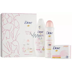 Dove Nourishing Secrets Brightening Ritual Sprchový gél s lotosovým kvetom a ryžovou vodou 250 ml + antiperspiračný dezodorant v spreji Invisible Care Floral Touch 150 ml + ružové krémové toaletné mydlo 100 g, kozmetická sada pre ženy