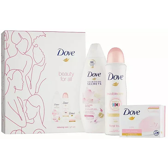 Dove Nourishing Secrets Brightening Ritual Sprchový gél s lotosovým kvetom a ryžovou vodou 250 ml + antiperspiračný dezodorant v spreji Invisible Care Floral Touch 150 ml + ružové krémové toaletné mydlo 100 g, kozmetická sada pre ženy