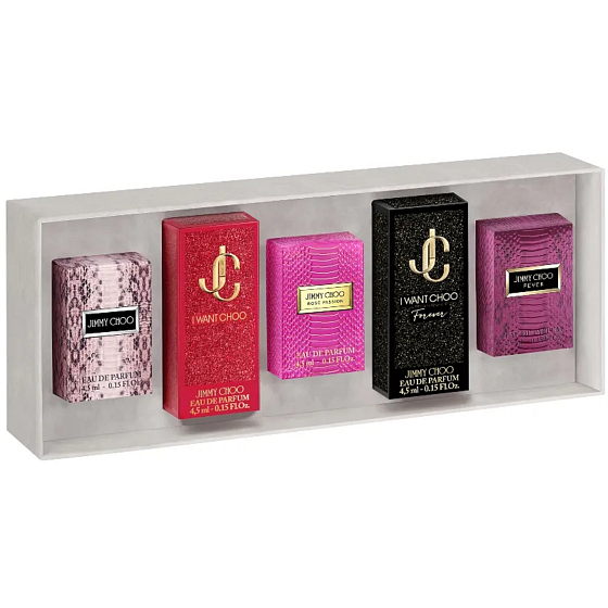 Jimmy Choo Rose Passion Eau de Parfum 4,5 ml + I Want Choo Forever Eau de Parfum 4,5 ml + Fever Eau de Parfum 4,5 ml + Jimmy Choo Eau de Parfum 4,5 ml + I Want Choo Eau de Parfum 4,5 ml, miniatúrna darčeková sada pre ženy